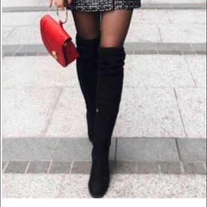 Zara Stretch Faux Suede and Fabric Over the Knee Flat Boots